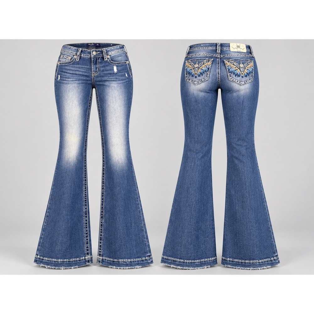 MISSME Boot Jean women 26x33 tribal feathers thick stitch whiskering embelished
